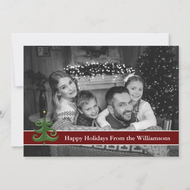 Auto Black and White Happy Holidays Modern Tree Holiday Card (Front)