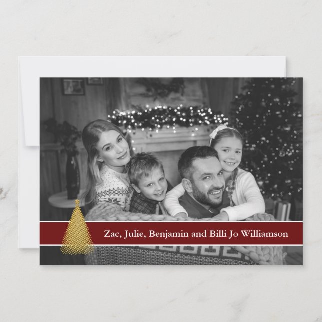 Auto Black and White Photo Gold Christmas Tree Holiday Card (Front)