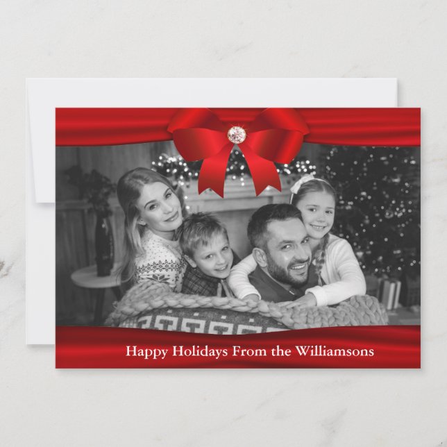 Auto Black and White Photo Red Ribbon Diamond Holiday Card (Front)
