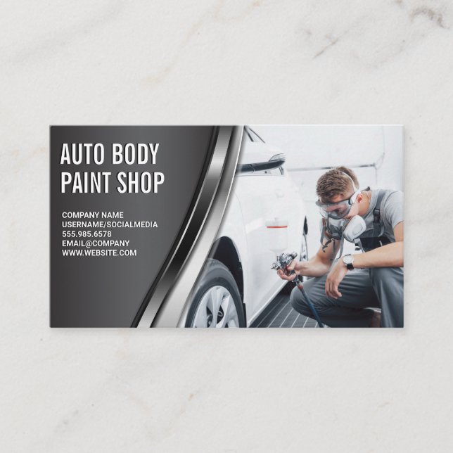 Auto Body Paint Garage Shop | Worker Spraying Business Card (Front)