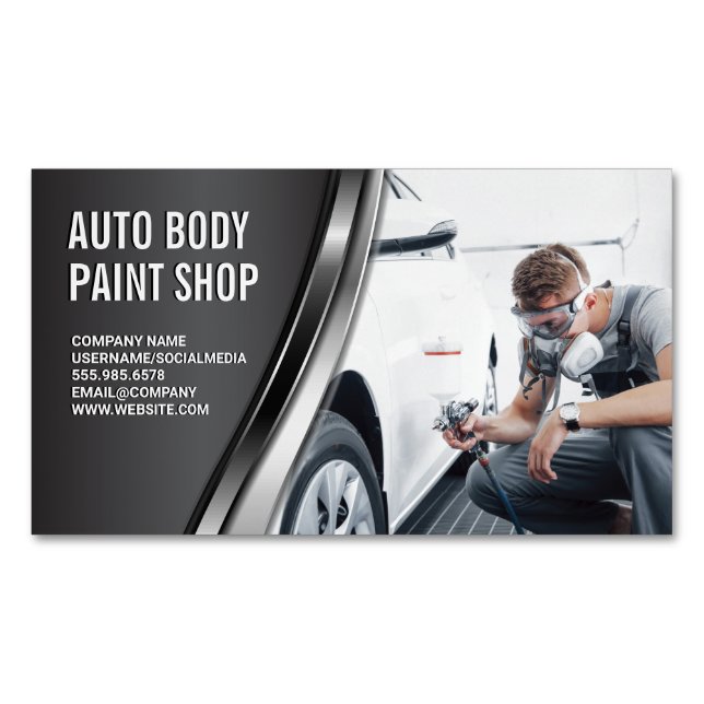 Auto Body Paint Garage Shop | Worker Spraying Business Card Magnet (Front)