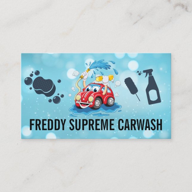 Auto Cartoon Car Wash Cleaning Logo Business Card (Front)