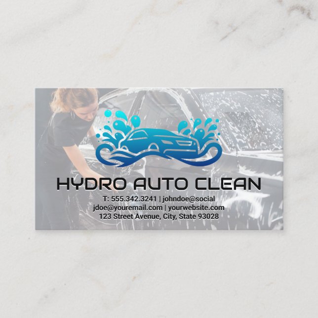Auto Clean Logo | Woman Washing Car Business Card (Front)