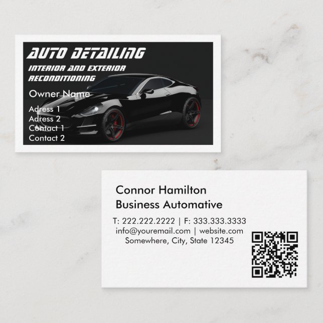 Auto Detailing Automotive Car Wash Black qr code Business Card (Front/Back)