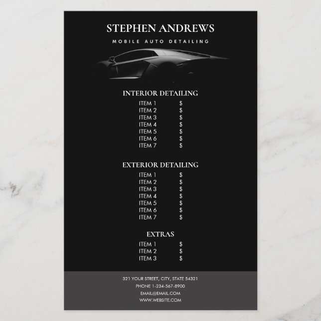 Auto Detailing Car Cleaning Repair Price List  Flyer (Front)