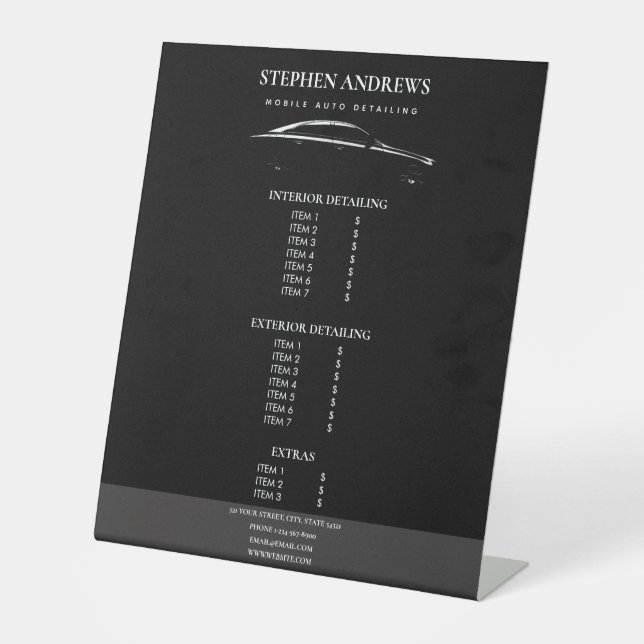 Auto Detailing Cleaning Auto Repair Price List  Pedestal Sign (Front)