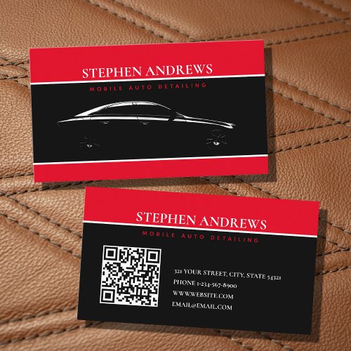 Auto Detailing Cleaning Repair Black Red QR Code Business Card