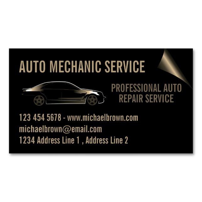 Auto Mechanic Automotive Repair gold Business Card Magnet (Front)