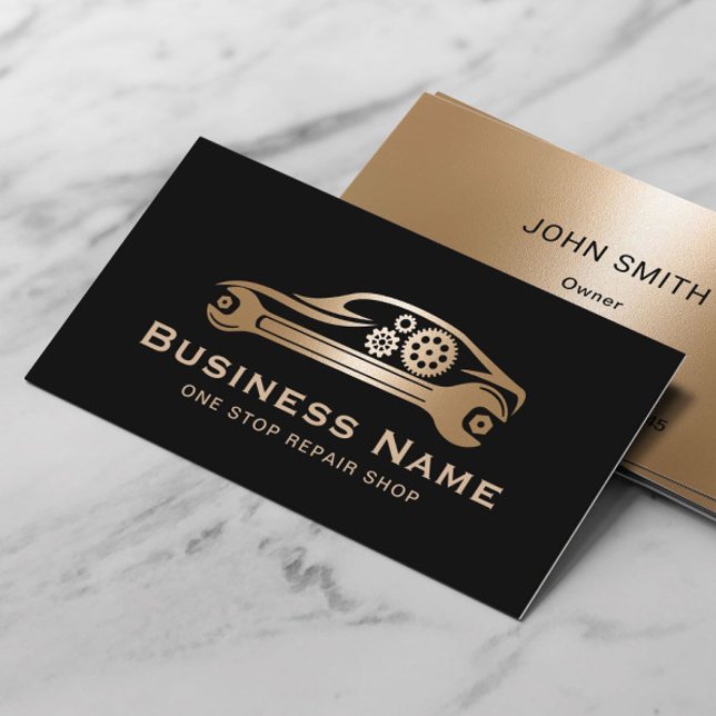 Auto Mechanic Car Repair Black & Gold Automotive  Business Card (Creator Uploaded)