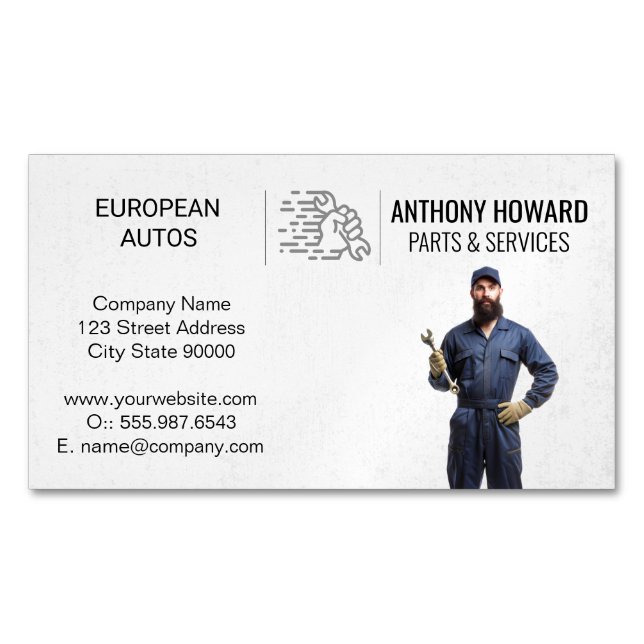 Auto Mechanic Holding Wrench | Car Parts Services Business Card Magnet (Front)