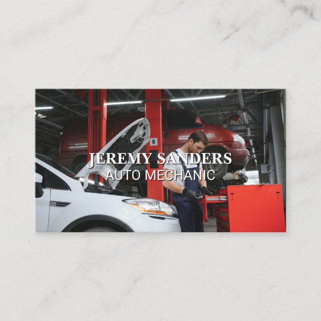 Auto Mechanic Working on Car Business Card (Front)