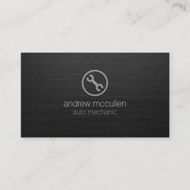 Auto Mechanic Wrench Icon Dark Brushed Metal Business Card (Front)