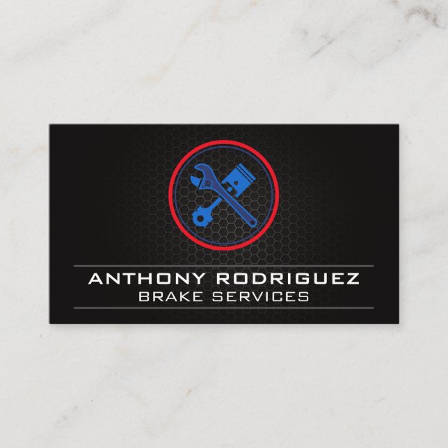 Auto Mechanic | Wrench Pistons Logo Business Card (Front)