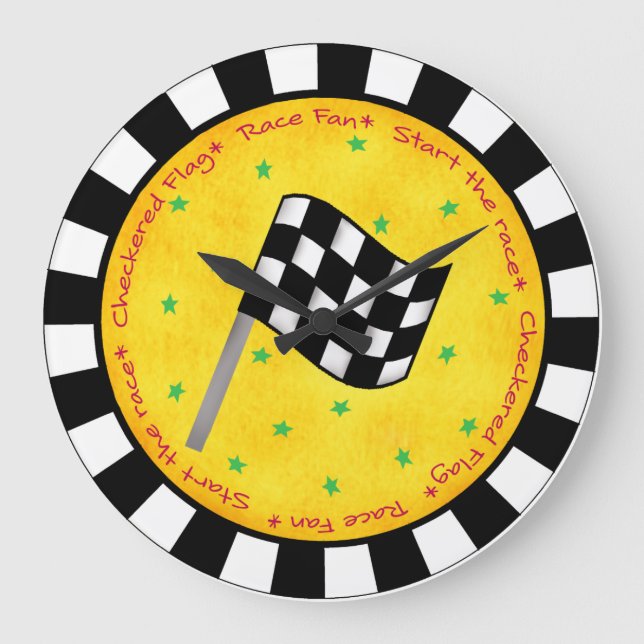 Auto Race Fan Checkered Flag Black Yellow Custom Large Clock (Front)