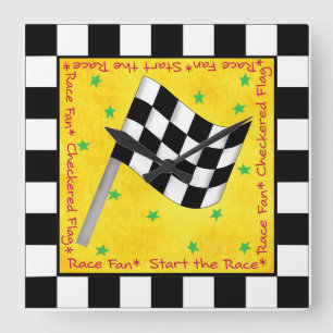 Auto Race Fan Checkered Flag Black Yellow Custom Square Wall Clock