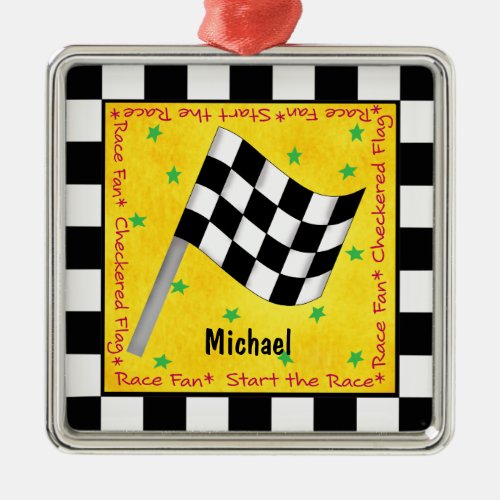 Auto Race Fan Checkered Flag Name Personalized Metal Ornament