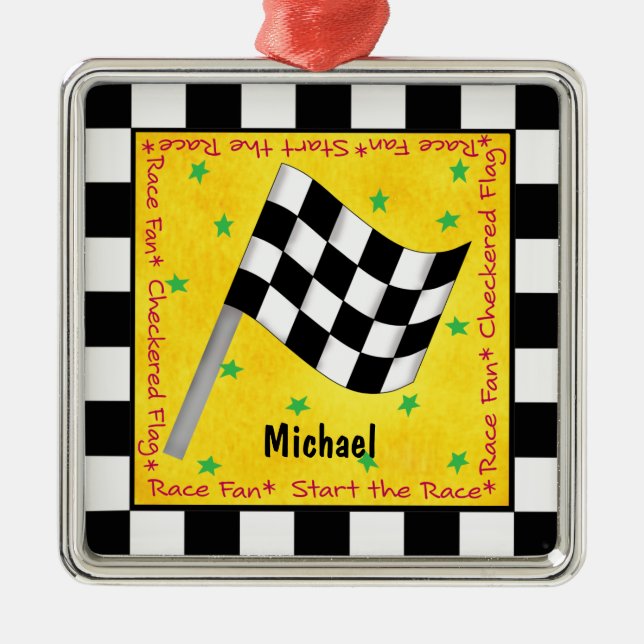 Auto Race Fan Checkered Flag Name Personalized Metal Ornament (Front)
