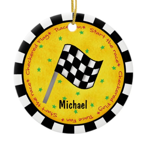 Auto Race Fan Checkered Flag Name Year Customized Ceramic Ornament