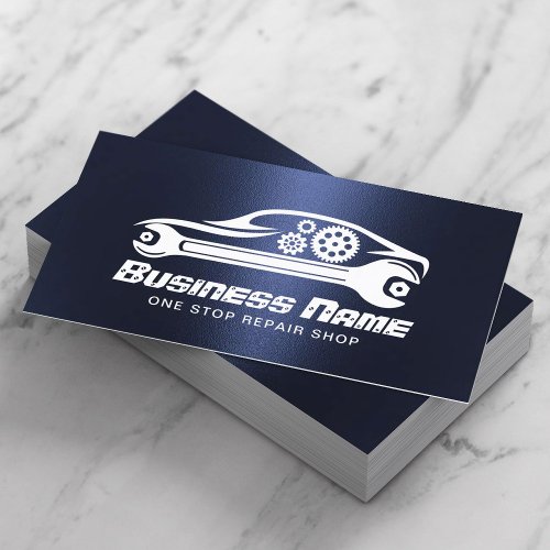 Auto Repair Car Gears  Wrench Navy Blue Mechanic Business Card