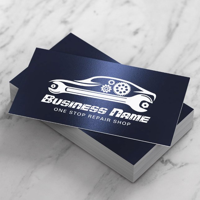 Auto Repair Car Gears & Wrench Navy Blue Mechanic Business Card (Creator Uploaded)