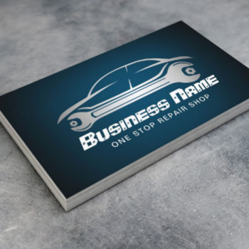 Auto Repair Car & Wrench Blue Automotive Mechanic Business Card by cardfactory at Zazzle