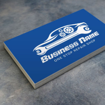 Auto Repair Car & Wrench Blue Mechanic Business Card by cardfactory at Zazzle