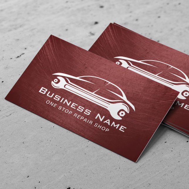 Auto Repair Car & Wrench Logo Automotive Red Business Card (Creator Uploaded)