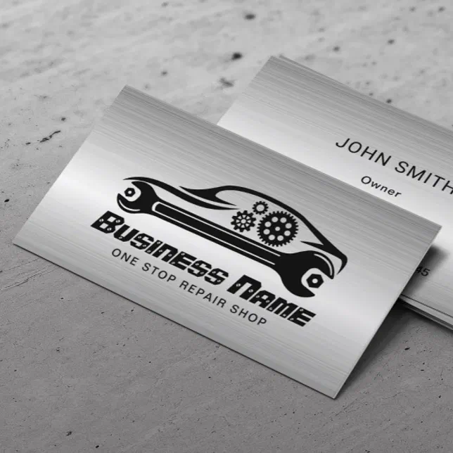 Auto Repair Car & Wrench Metal Automotive Mechanic Business Card Zazzle