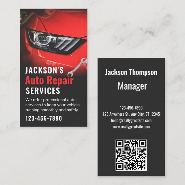 Auto Repair Car & Wrench Red Automotive Mechanic  Business Card (Front/Back)