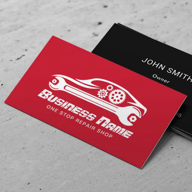 Auto Repair Car & Wrench Red Mechanic Business Card | Zazzle