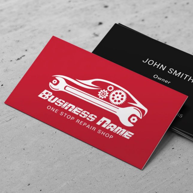 Auto Repair Car & Wrench Red Mechanic Business Card (Creator Uploaded)