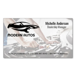 Auto Repair Logo Mechanic Working on Car Business Card Magnet