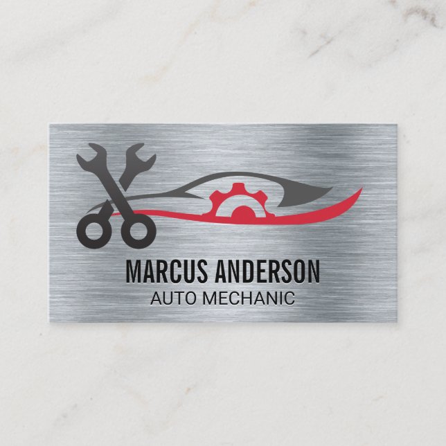Auto Repair Logo | Metallic Brushed | Wrenches Business Card (Front)