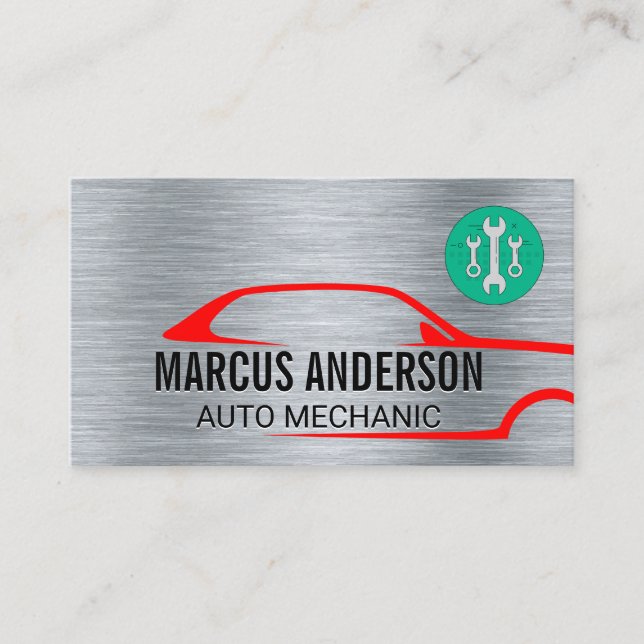 Auto Repair Logo | Metallic Steel Background Business Card (Front)