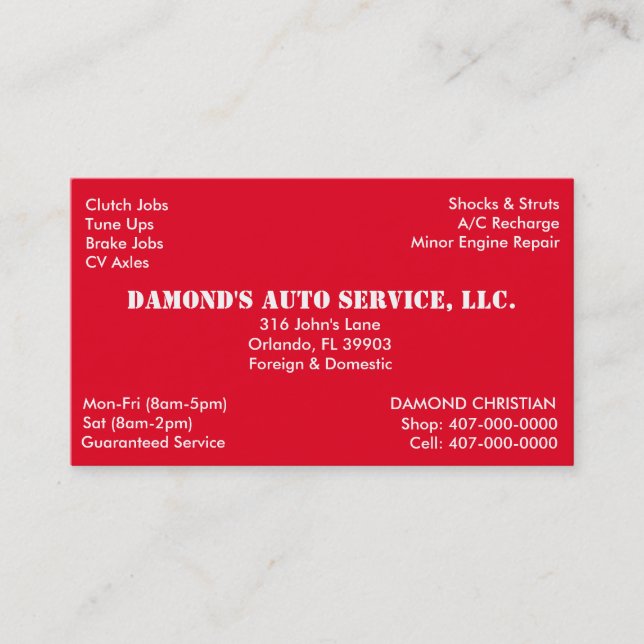 Auto Repair Mechanic Business Card (Front)