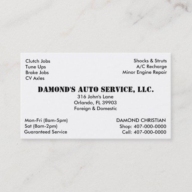 Auto Repair Mechanic Business Card (Front)
