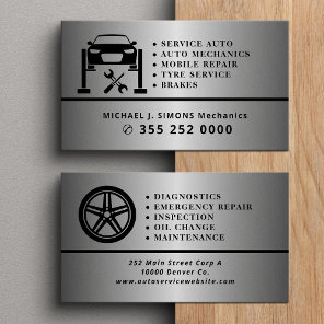 Auto repair professional mechanic silver metal business card