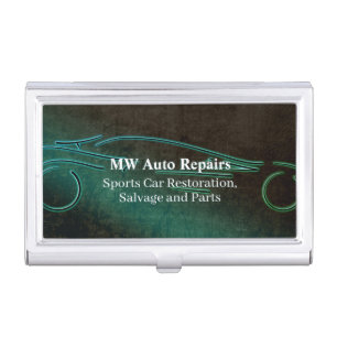 Auto repairs, teal leather-effect, sports car logo business card case