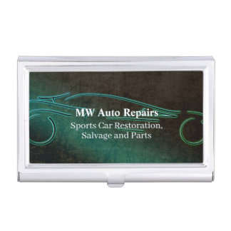 Auto repairs, teal leather-effect, sports car logo business card case