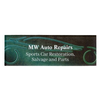 Auto repairs, teal leather-effect, sports car logo name tag