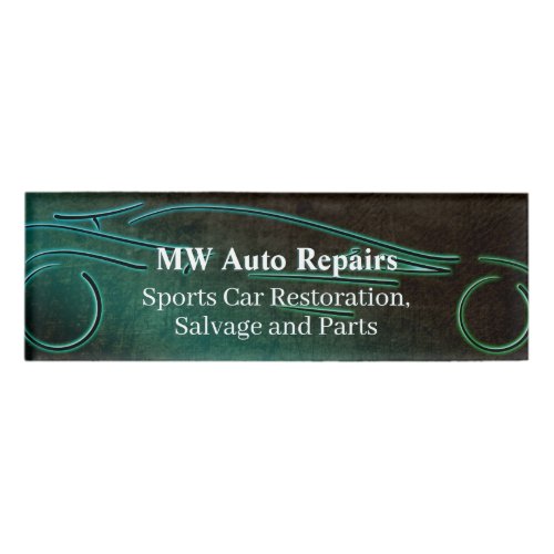 Auto repairs teal leather_effect sports car logo name tag