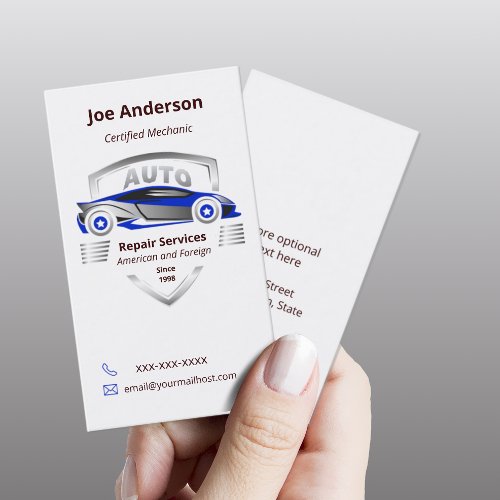 Auto Service Blue and Silver Car Logo Business Card