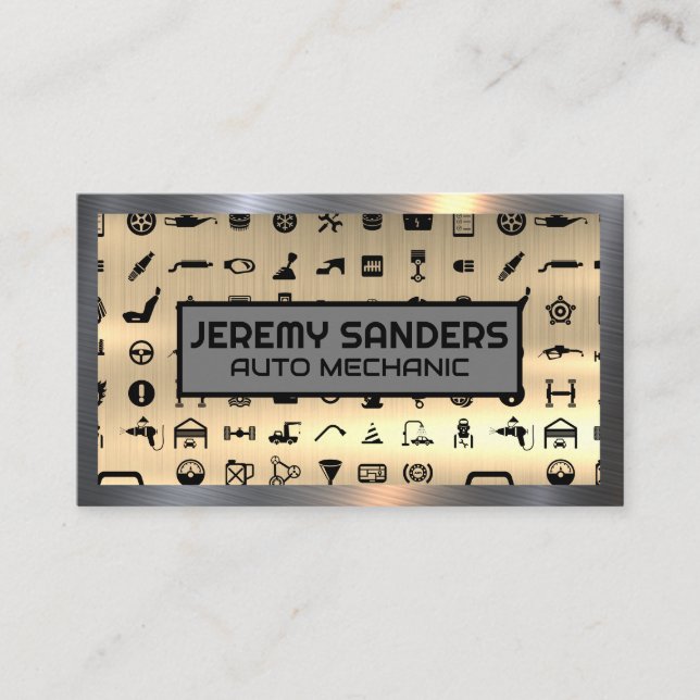 Auto Service Icons | Metallic Background Business Card (Front)