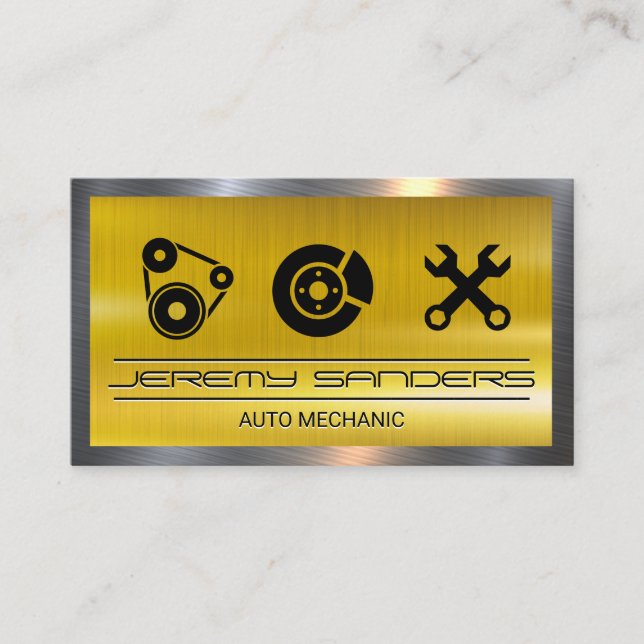 Auto Service Icons | Metallic Industrial Business Card (Front)