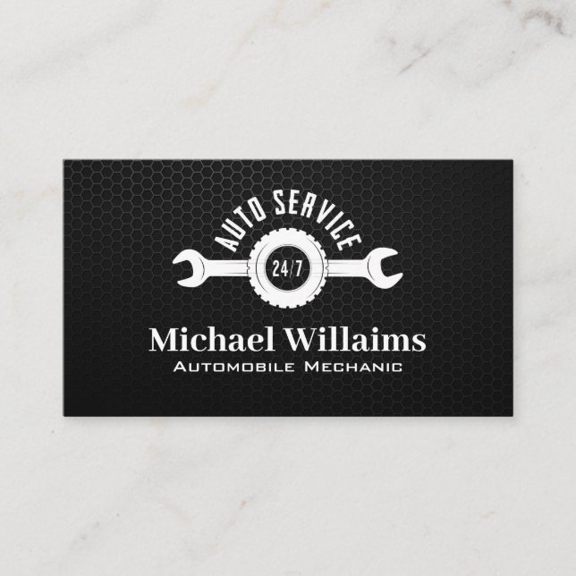 Auto Service Wrench Logo | Carbon Fiber Background Business Card (Front)