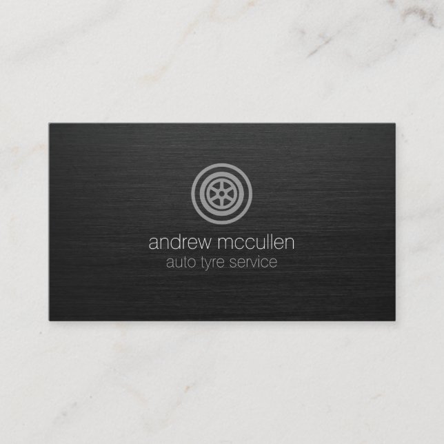 Auto Tyre Service Wheel Icon Dark Brushed Metal Business Card (Front)