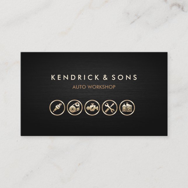 Auto Workshop Mechanic Car Repair Gold Icons Business Card (Front)