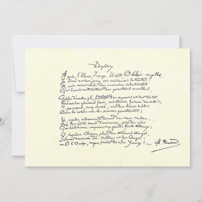 Autograph manuscript of Voyelles (Rimbaud) Card (Front)