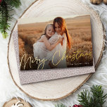 Autograph | Merry Christmas Horizontal Photo Foil Holiday Card<br><div class="desc">Send holiday greetings to friends and family in chic style with our elegant photo cards. Design features your favorite horizontal or landscape oriented photo with "Merry Christmas" overlaid in shining gold foil hand lettered script. Personalize with your family name and the year in the lower right corner.</div>