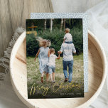 Autograph | Merry Christmas Vertical Photo Foil Holiday Card<br><div class="desc">Send holiday greetings to friends and family in chic style with our elegant photo cards. Design features your favorite vertical or portrait oriented photo with "Merry Christmas" overlaid in shining gold foil hand lettered script. Personalize with your family name and the year in the lower right corner.</div>